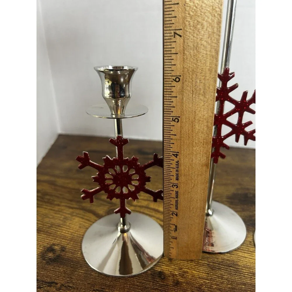 International Silver Red Snowflake Candle Holders Set 3 Christmas Holiday Decor